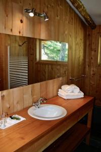 a bathroom with a sink and a counter with towels at Lodge El Mirador De Guadal in Puerto Guadal