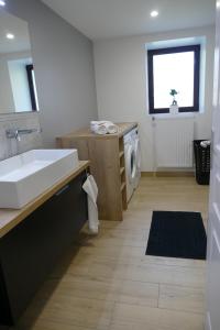 een badkamer met een wastafel en een wasmachine bij La Loge Bertine in Saint-Mars-la-Réorthe