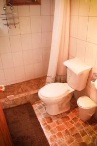 een badkamer met een toilet en een douchegordijn bij Cabanas L'ESCALE in Coñaripe