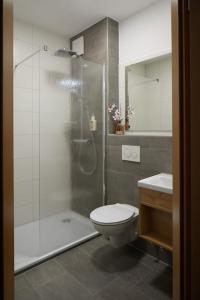 a bathroom with a shower and a toilet and a sink at Gasthof Pension Kettler in Oberasbach