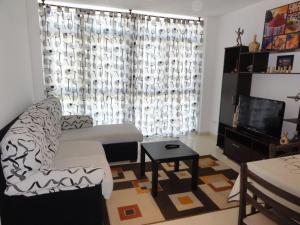 uma sala de estar com um sofá e uma televisão em Apartamento Playa Langosteira em Finisterre