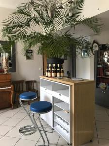 een bar met twee blauwe stoelen en een plant bij chez la Berthe Colmé in Toul