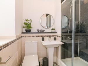 a bathroom with a toilet and a sink and a shower at Lyngaran House in Holyhead +24 photos
