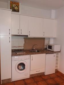 cocina con lavadora y fregadero en Alojamiento Mirador del Castillo en La Iruela