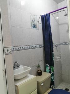 W łazience znajduje się umywalka, toaleta i prysznic. w obiekcie Recámara rústica w mieście Meksyk