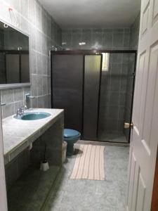 a bathroom with a sink and a toilet and a shower at Hospedaje Papagrande in Homún