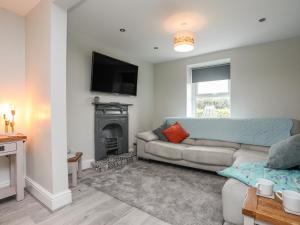 a living room with a couch and a fireplace at 2 Tan Rhiw in Llanfairpwllgwyngyll
