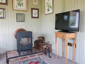 a living room with a stove and a tv at Crows Cabin in Gloucester