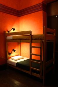 two bunk beds in a room with an orange wall at KACLLA, The Healing Dog Hostel in Lima