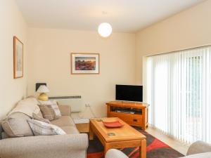 a living room with a couch and a tv and a table at The Lodge at Orchard House in Norwich