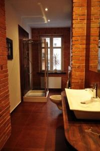 a bathroom with a shower and a toilet and a sink at Artrooms in Poznań