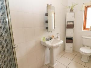 a white bathroom with a sink and a toilet at Oak Tree Lodge in Killarney