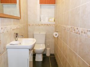 a bathroom with a white toilet and a sink at Dysynni in Tywyn +9 photos