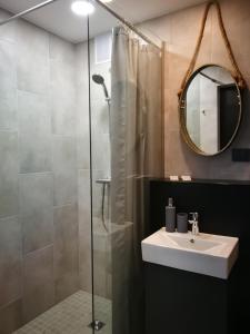 y baño con ducha, lavabo y espejo. en ERTA Anykščių Namai, en Anykščiai