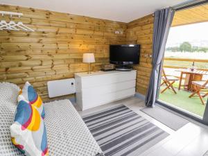 a living room with a wooden wall at Cilan Lodge in Corwen +10 photos