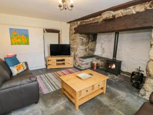 a living room with a couch and a fireplace at Bwthyn Pennant in Llanfihangel-y-pennant