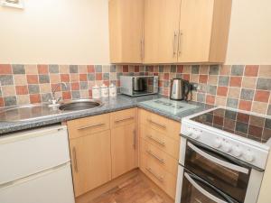 uma cozinha com um lavatório e um fogão forno superior em Eastdown Annexe em Totnes