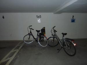 duas bicicletas estacionadas contra uma parede numa garagem em Am Kurpark 1a _ 5 em Baabe
