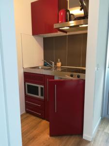 een kleine keuken met rode kasten en een wastafel bij Luxe Studio Bovenweg in Rhenen