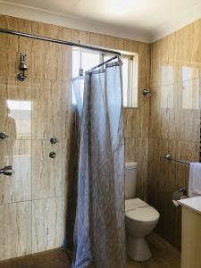 a bathroom with a shower, toilet, and sink at Buccaneer Motel in The Entrance