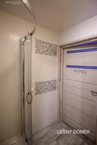 a shower with a glass door in a bathroom at Gościniec Marzymięta in Czmoń