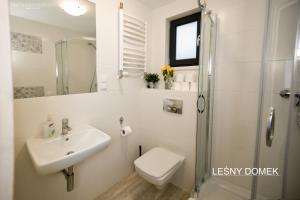 a bathroom with a sink and a toilet and a shower at Gościniec Marzymięta in Czmoń