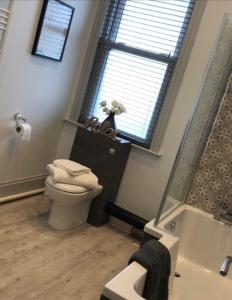 a bathroom with a toilet and a window at PENTHOUSE in Shanklin +13 photos