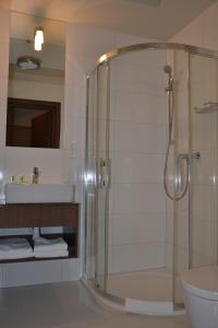 baño con ducha y puerta de cristal en Hotel Pod Dębem en Tarnów