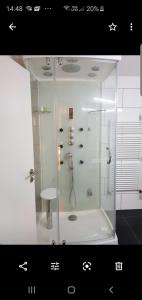 y baño con ducha y mampara de cristal. en Nice Apartment in Horgen near lake and Pool, en Horgen