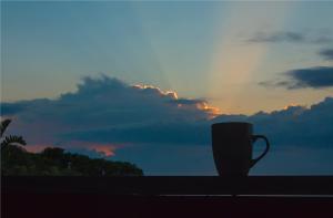 a coffee cup sitting on a window sill at sunset at IRONWOOD LODGE in Pennington