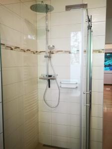 a shower with a shower head in a bathroom at Waldnest am Semmering in Semmering