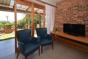 a living room with two blue chairs and a television at IRONWOOD LODGE in Pennington