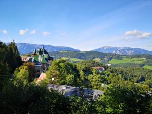 une ville dans une vallée avec des montagnes en arrière-plan dans l'établissement Waldnest am Semmering, à Semmering
