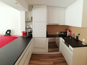una cucina con armadietti bianchi e ripiani neri di Apartment Seelenmattli by Interhome a Engelberg