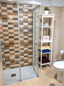 La salle de bains est pourvue d'une douche avec une porte en verre. dans l'établissement Casa Charo, à Santa Cruz de la Palma