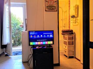 telewizor siedzący na stojaku w pokoju w obiekcie Mini Studio de 13 m2 avec terrasse 15 mn centre Nimes w mieście Nîmes