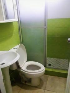 uma casa de banho com um WC, um lavatório e um chuveiro em CASA MARLE em Boquete