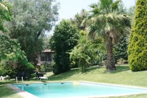 a swimming pool in a yard with palm trees at Quinta Do Sobreiro in Vila Verde