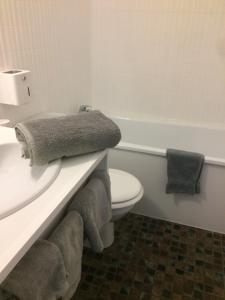 y baño con aseo y bañera con toallas. en Hôtel Le Dahu, en Parigny