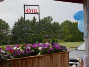 a sign for a hotel with flowers in a garden at King Hotel in Palmerston
