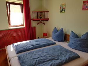 a bedroom with two beds with blue pillows at Ferienhaus Habitat Wonnegau in Flörsheim-Dalsheim