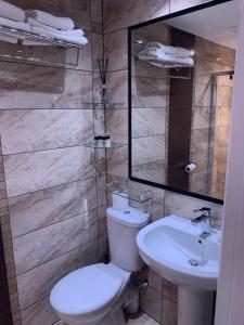bagno con servizi igienici, lavandino e specchio di Jessamine House Hotel a Gravesend