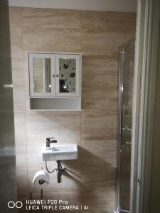 een badkamer met een wastafel en een spiegel bij RICHFLO Holiday Rentals in Manchester