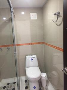a bathroom with a toilet and a shower at Hotel Garden City Boutique in Fusagasuga