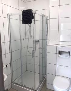 a bathroom with a shower stall and a toilet at Ellwürder Hof in Nordenham