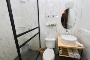 een badkamer met een toilet, een wastafel en een spiegel bij Hotel Trébol in Oaxaca City