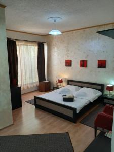 ein Schlafzimmer mit einem großen Bett in einem Zimmer in der Unterkunft Pensiunea Caramell in Cluj-Napoca