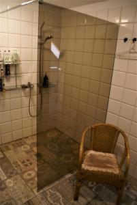 ein Bad mit einer Dusche und einem Stuhl in der Unterkunft Dzērves in Araiši