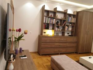 ein Wohnzimmer mit einem großen Bücherregal und einer Kommode in der Unterkunft Metropol Lux apartment Belgrade Vracar in Belgrad