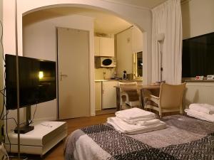 a room with a bed and a television and a kitchen at Bordine Guesthouse in Leeuwarden